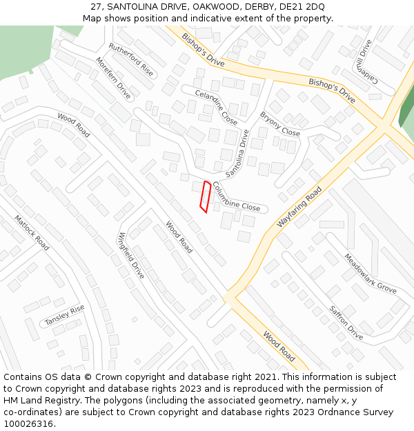 27, SANTOLINA DRIVE, OAKWOOD, DERBY, DE21 2DQ: Location map and indicative extent of plot
