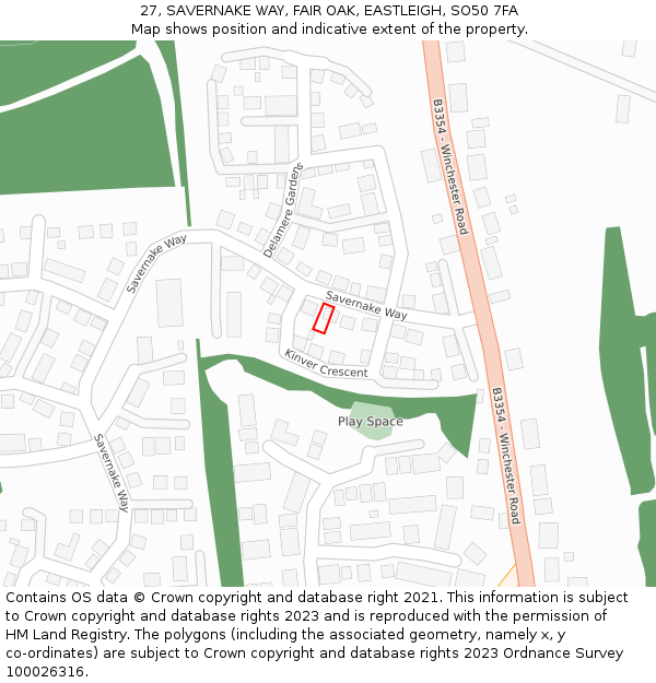 27, SAVERNAKE WAY, FAIR OAK, EASTLEIGH, SO50 7FA: Location map and indicative extent of plot