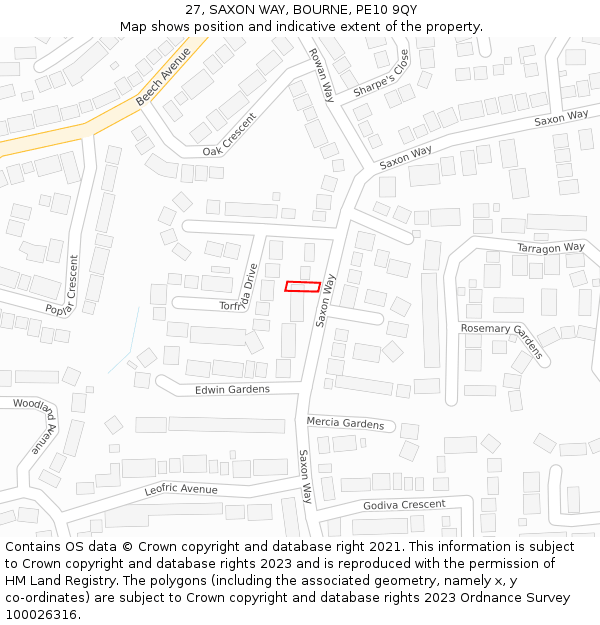 27, SAXON WAY, BOURNE, PE10 9QY: Location map and indicative extent of plot