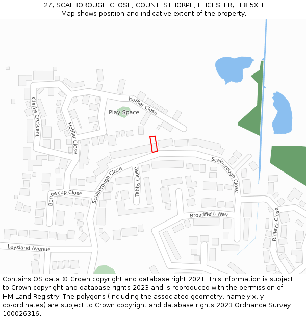 27, SCALBOROUGH CLOSE, COUNTESTHORPE, LEICESTER, LE8 5XH: Location map and indicative extent of plot