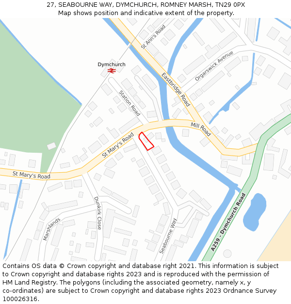 27, SEABOURNE WAY, DYMCHURCH, ROMNEY MARSH, TN29 0PX: Location map and indicative extent of plot