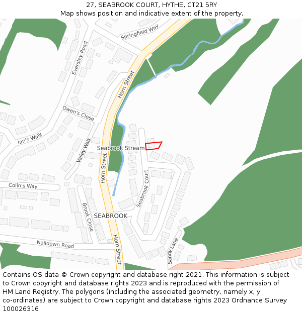 27, SEABROOK COURT, HYTHE, CT21 5RY: Location map and indicative extent of plot