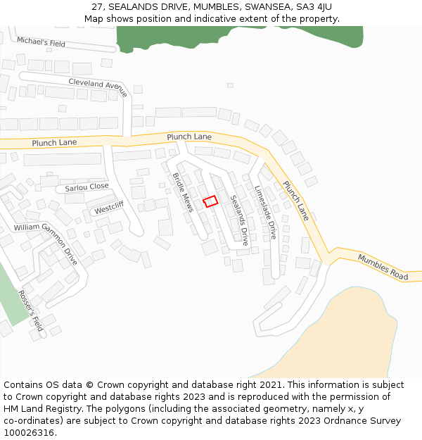 27, SEALANDS DRIVE, MUMBLES, SWANSEA, SA3 4JU: Location map and indicative extent of plot