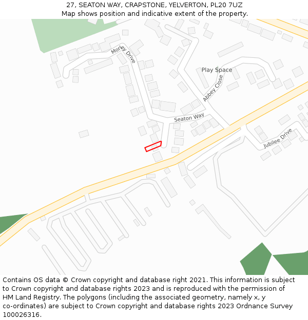 27, SEATON WAY, CRAPSTONE, YELVERTON, PL20 7UZ: Location map and indicative extent of plot