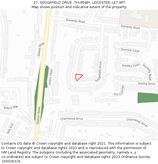 27, SEDGEFIELD DRIVE, THURNBY, LEICESTER, LE7 9PT: Location map and indicative extent of plot