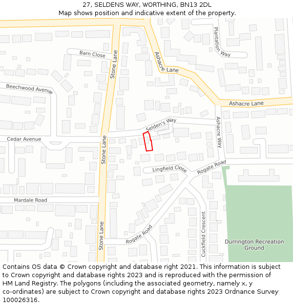 27, SELDENS WAY, WORTHING, BN13 2DL: Location map and indicative extent of plot