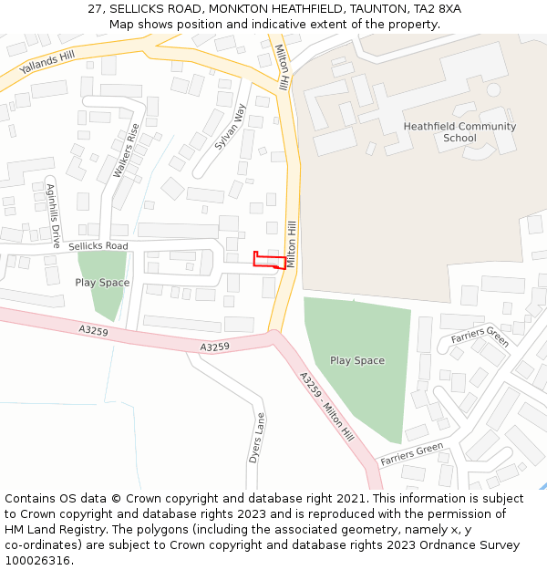 27, SELLICKS ROAD, MONKTON HEATHFIELD, TAUNTON, TA2 8XA: Location map and indicative extent of plot