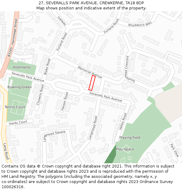 27, SEVERALLS PARK AVENUE, CREWKERNE, TA18 8DP: Location map and indicative extent of plot