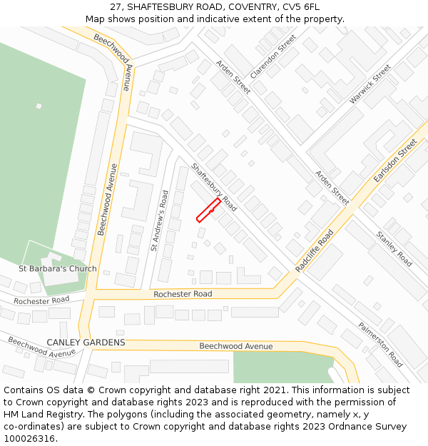 27, SHAFTESBURY ROAD, COVENTRY, CV5 6FL: Location map and indicative extent of plot