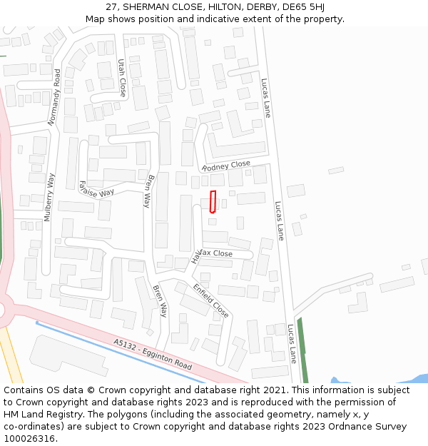 27, SHERMAN CLOSE, HILTON, DERBY, DE65 5HJ: Location map and indicative extent of plot