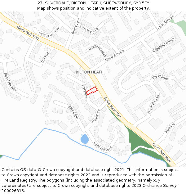 27, SILVERDALE, BICTON HEATH, SHREWSBURY, SY3 5EY: Location map and indicative extent of plot