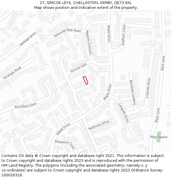 27, SIMCOE LEYS, CHELLASTON, DERBY, DE73 6XL: Location map and indicative extent of plot