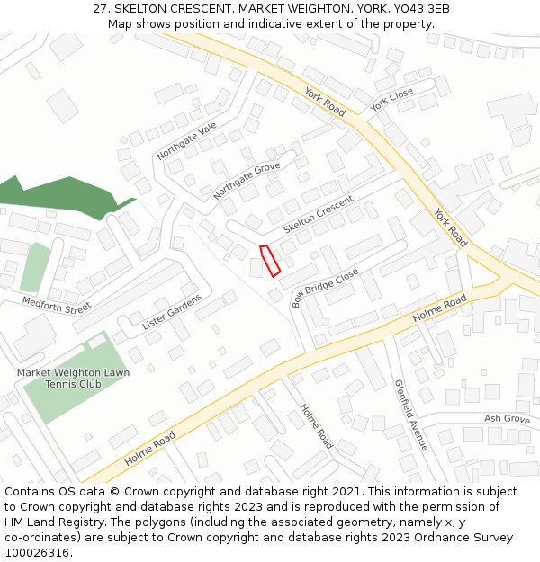 27, SKELTON CRESCENT, MARKET WEIGHTON, YORK, YO43 3EB: Location map and indicative extent of plot