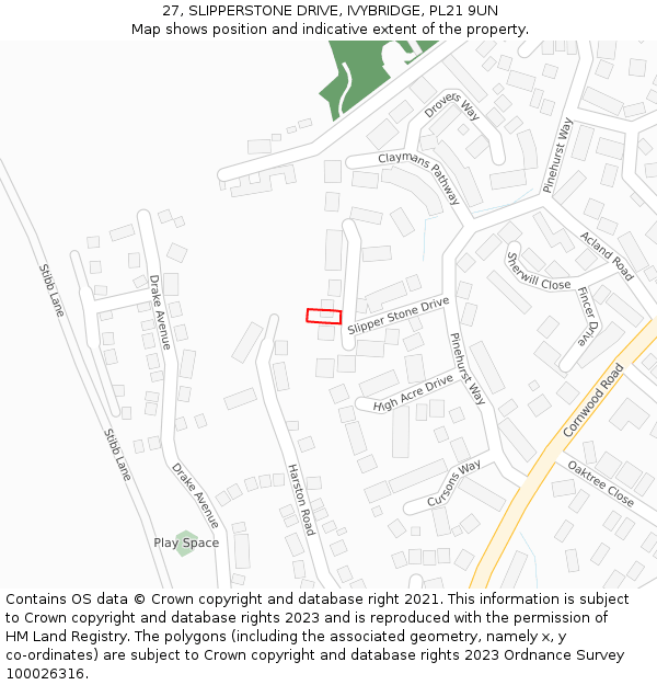 27, SLIPPERSTONE DRIVE, IVYBRIDGE, PL21 9UN: Location map and indicative extent of plot