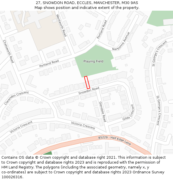 27, SNOWDON ROAD, ECCLES, MANCHESTER, M30 9AS: Location map and indicative extent of plot