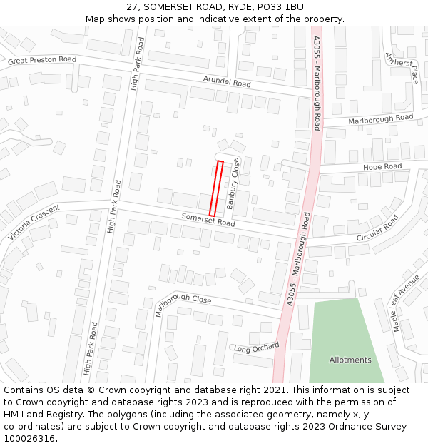 27, SOMERSET ROAD, RYDE, PO33 1BU: Location map and indicative extent of plot