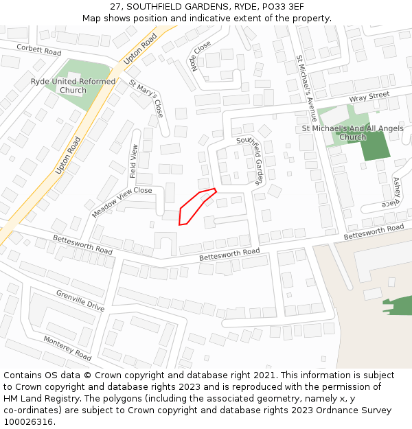 27, SOUTHFIELD GARDENS, RYDE, PO33 3EF: Location map and indicative extent of plot