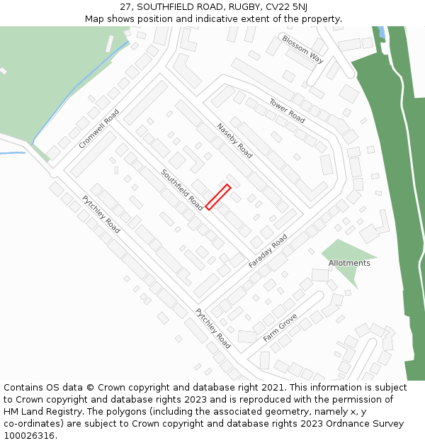 27, SOUTHFIELD ROAD, RUGBY, CV22 5NJ: Location map and indicative extent of plot