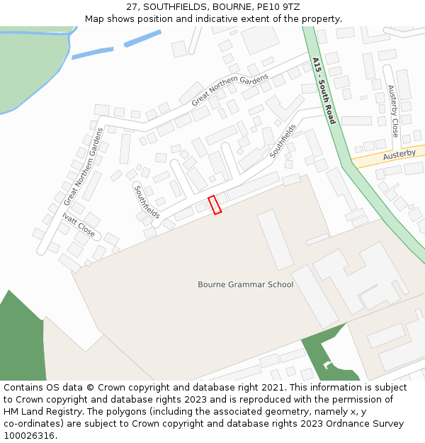 27, SOUTHFIELDS, BOURNE, PE10 9TZ: Location map and indicative extent of plot