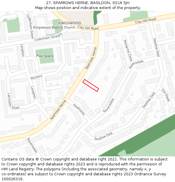 27, SPARROWS HERNE, BASILDON, SS16 5JH: Location map and indicative extent of plot