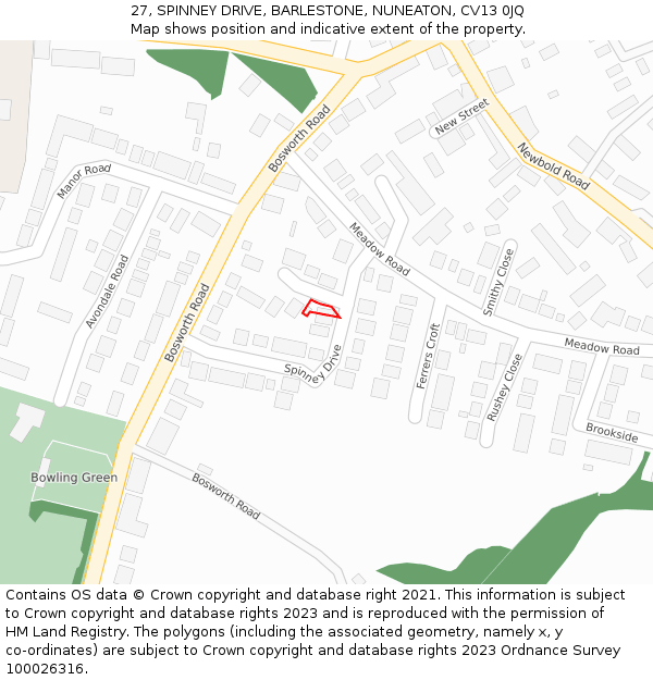 27, SPINNEY DRIVE, BARLESTONE, NUNEATON, CV13 0JQ: Location map and indicative extent of plot