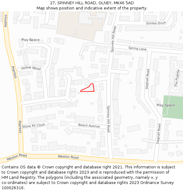 27, SPINNEY HILL ROAD, OLNEY, MK46 5AD: Location map and indicative extent of plot