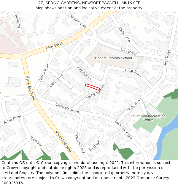 27, SPRING GARDENS, NEWPORT PAGNELL, MK16 0EE: Location map and indicative extent of plot