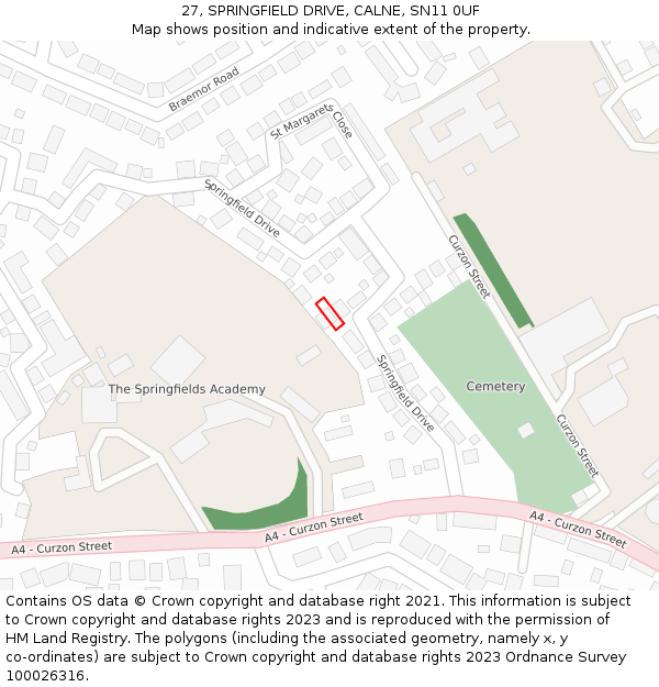 27, SPRINGFIELD DRIVE, CALNE, SN11 0UF: Location map and indicative extent of plot