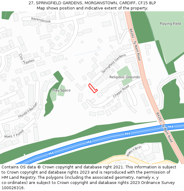 27, SPRINGFIELD GARDENS, MORGANSTOWN, CARDIFF, CF15 8LP: Location map and indicative extent of plot