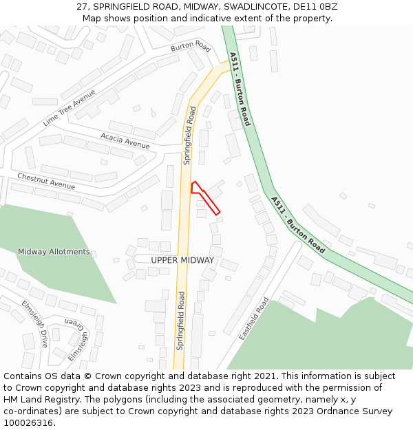 27, SPRINGFIELD ROAD, MIDWAY, SWADLINCOTE, DE11 0BZ: Location map and indicative extent of plot