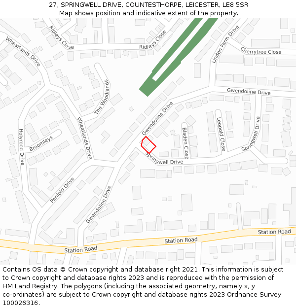 27, SPRINGWELL DRIVE, COUNTESTHORPE, LEICESTER, LE8 5SR: Location map and indicative extent of plot