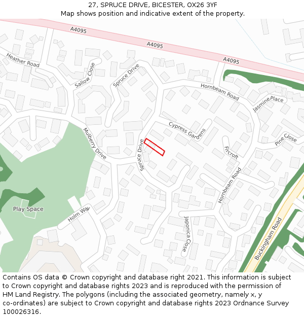 27, SPRUCE DRIVE, BICESTER, OX26 3YF: Location map and indicative extent of plot