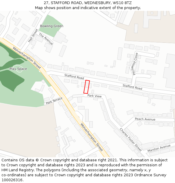 27, STAFFORD ROAD, WEDNESBURY, WS10 8TZ: Location map and indicative extent of plot