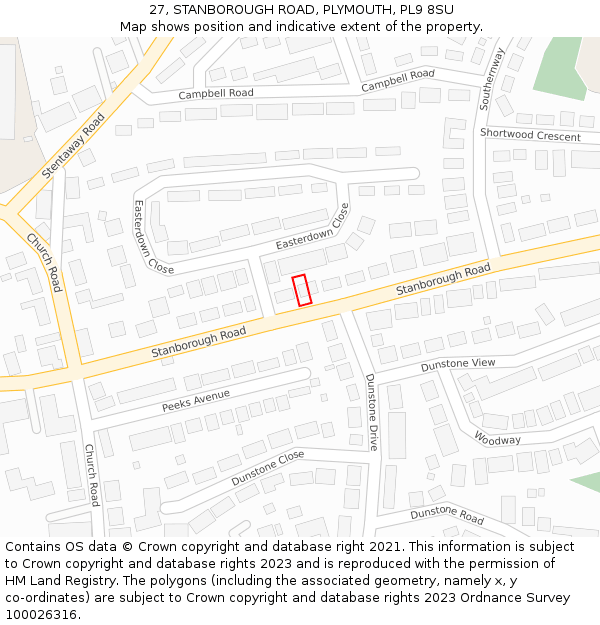 27, STANBOROUGH ROAD, PLYMOUTH, PL9 8SU: Location map and indicative extent of plot