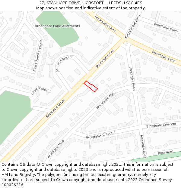 27, STANHOPE DRIVE, HORSFORTH, LEEDS, LS18 4ES: Location map and indicative extent of plot