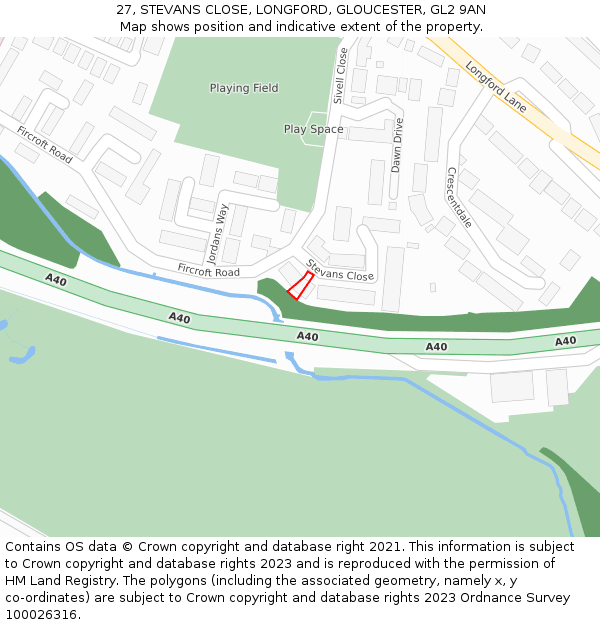 27, STEVANS CLOSE, LONGFORD, GLOUCESTER, GL2 9AN: Location map and indicative extent of plot