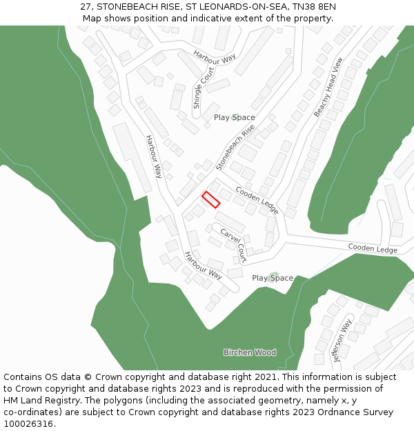 27, STONEBEACH RISE, ST LEONARDS-ON-SEA, TN38 8EN: Location map and indicative extent of plot