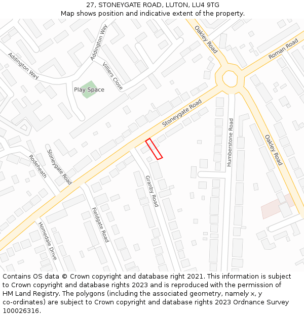 27, STONEYGATE ROAD, LUTON, LU4 9TG: Location map and indicative extent of plot