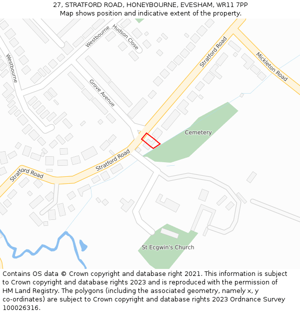 27, STRATFORD ROAD, HONEYBOURNE, EVESHAM, WR11 7PP: Location map and indicative extent of plot