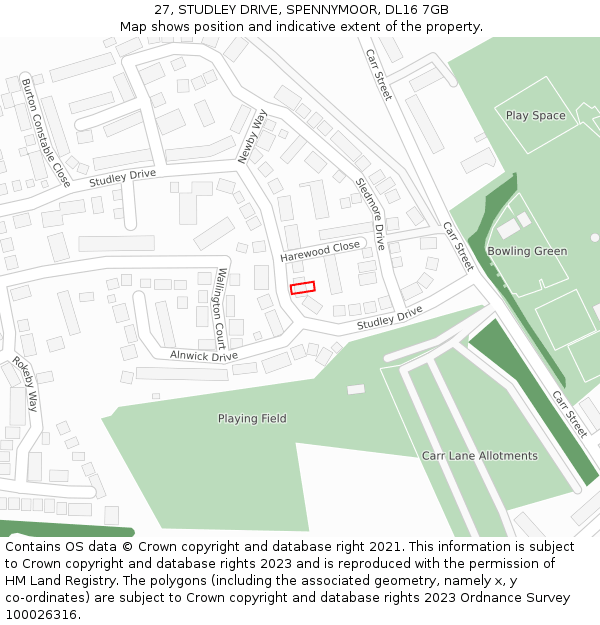 27, STUDLEY DRIVE, SPENNYMOOR, DL16 7GB: Location map and indicative extent of plot