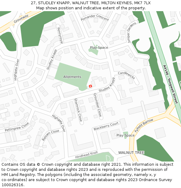 27, STUDLEY KNAPP, WALNUT TREE, MILTON KEYNES, MK7 7LX: Location map and indicative extent of plot