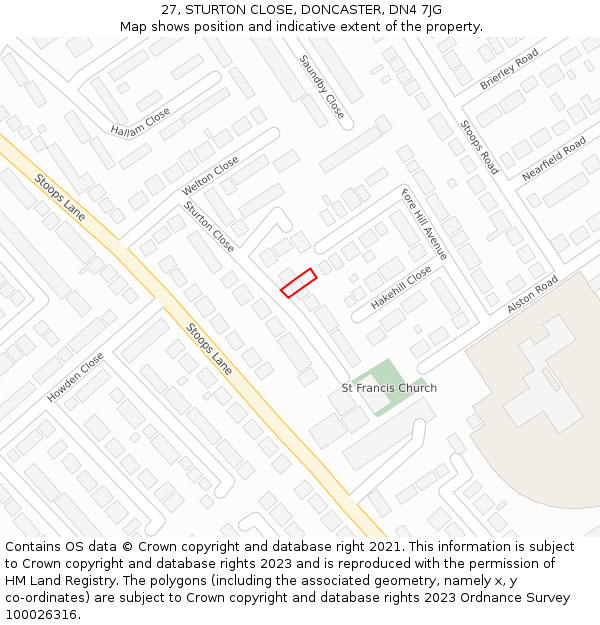 27, STURTON CLOSE, DONCASTER, DN4 7JG: Location map and indicative extent of plot