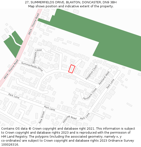 27, SUMMERFIELDS DRIVE, BLAXTON, DONCASTER, DN9 3BH: Location map and indicative extent of plot