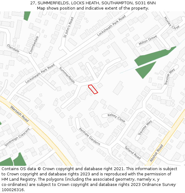 27, SUMMERFIELDS, LOCKS HEATH, SOUTHAMPTON, SO31 6NN: Location map and indicative extent of plot