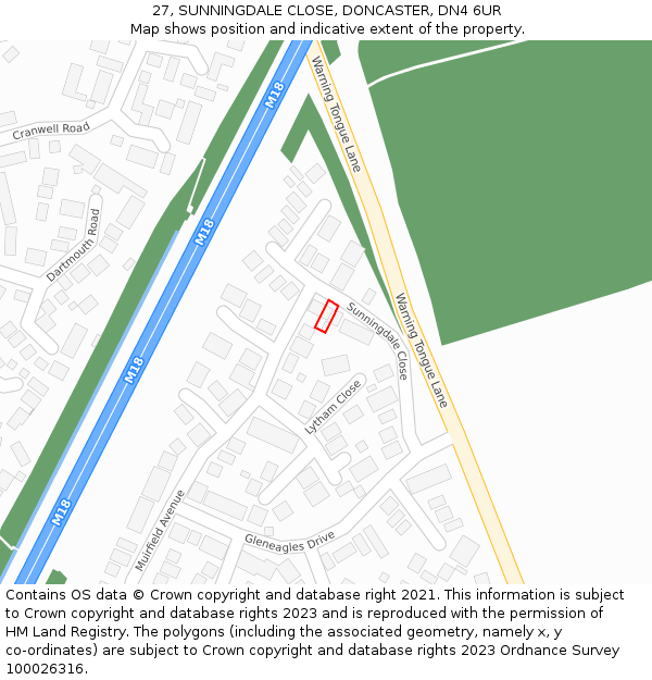 27, SUNNINGDALE CLOSE, DONCASTER, DN4 6UR: Location map and indicative extent of plot