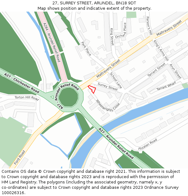 27, SURREY STREET, ARUNDEL, BN18 9DT: Location map and indicative extent of plot