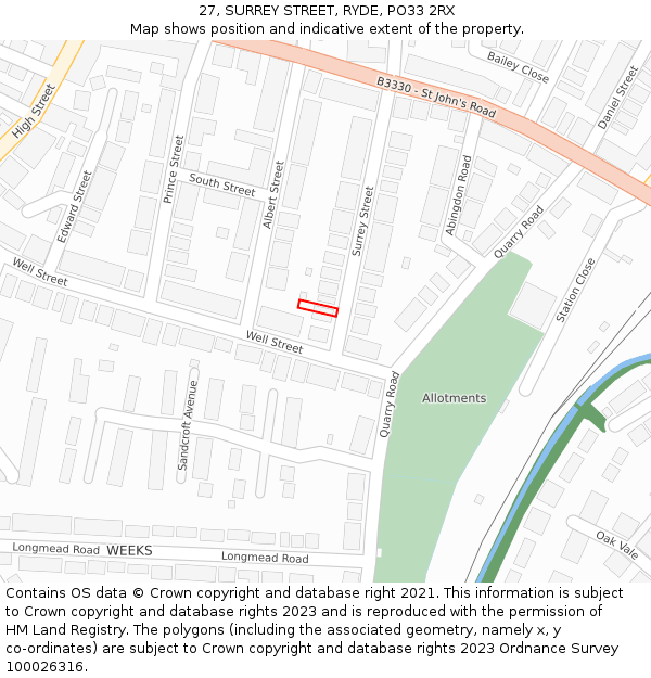 27, SURREY STREET, RYDE, PO33 2RX: Location map and indicative extent of plot