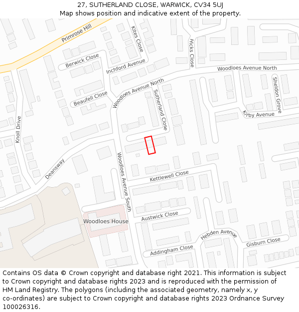 27, SUTHERLAND CLOSE, WARWICK, CV34 5UJ: Location map and indicative extent of plot