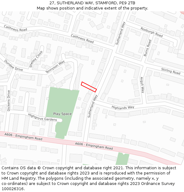 27, SUTHERLAND WAY, STAMFORD, PE9 2TB: Location map and indicative extent of plot