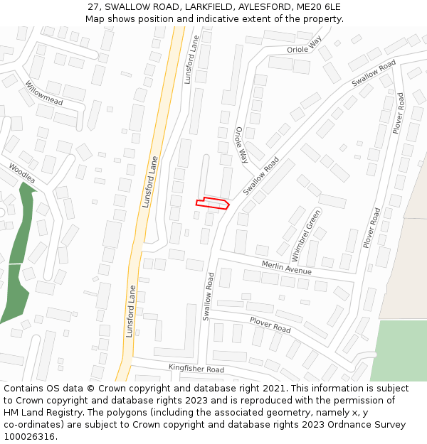 27, SWALLOW ROAD, LARKFIELD, AYLESFORD, ME20 6LE: Location map and indicative extent of plot